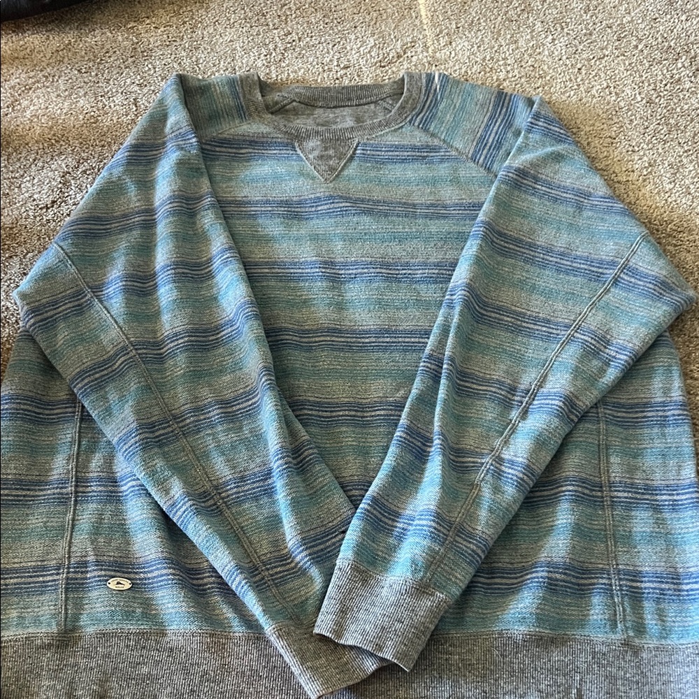 Tommy Bahama Relax Gray and Blue Striped Crewneck Sweater